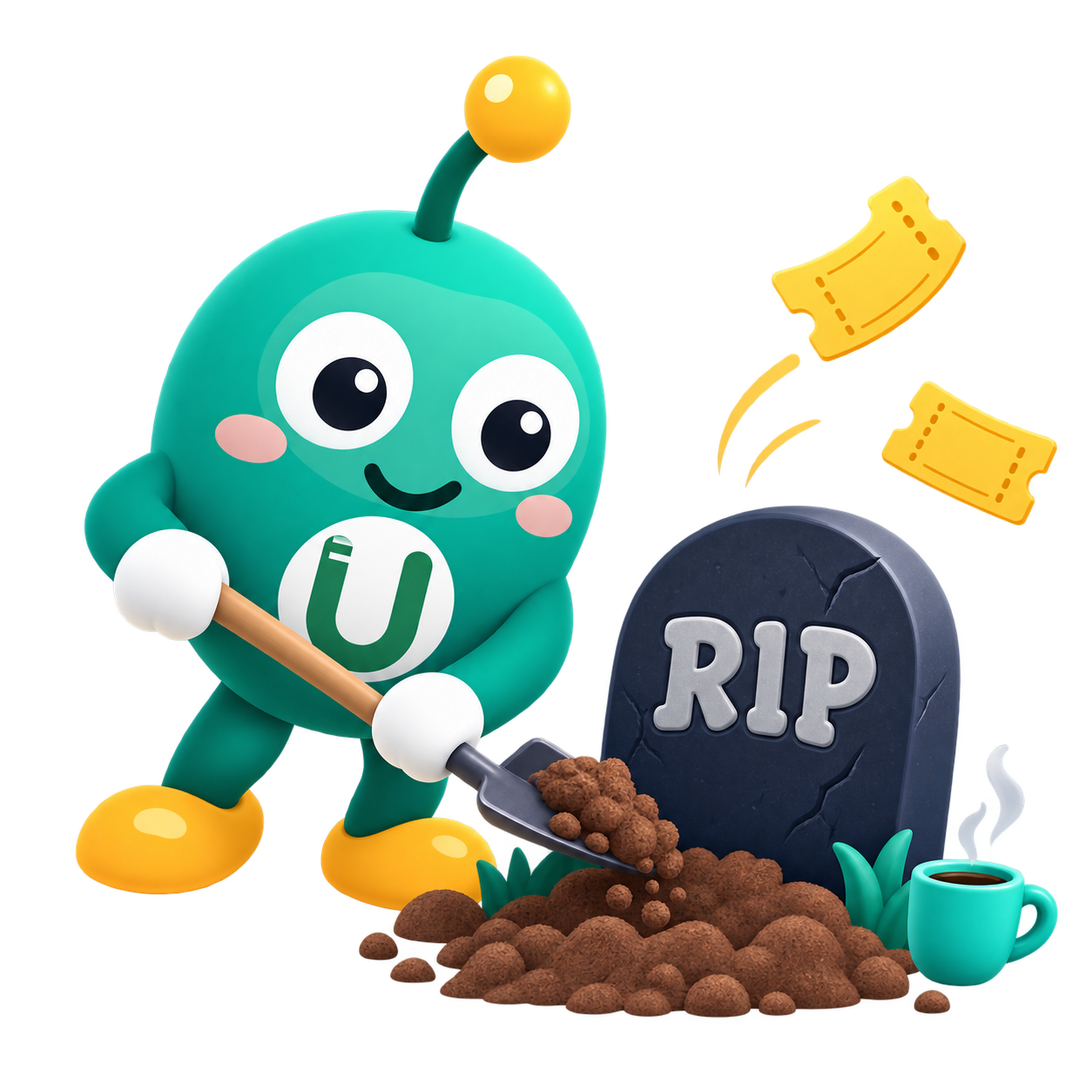 Mascotte Universiapolis enterrant joyeusement l'ancienne plateforme devant une pierre RIP